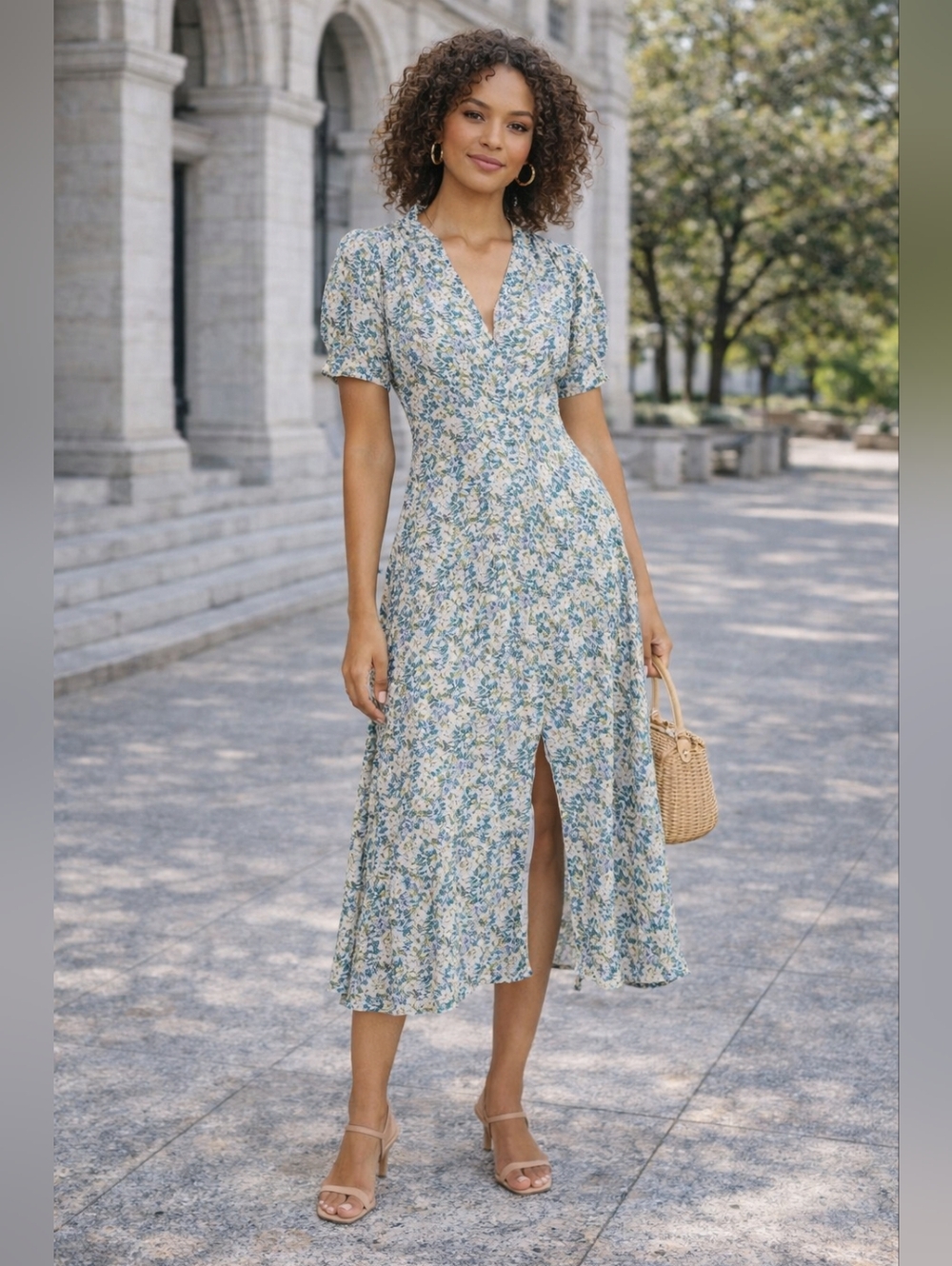 Floret Studios Floral Midi Dress Blue Green Puff Sleeve A Line V Neck Boho Sz L